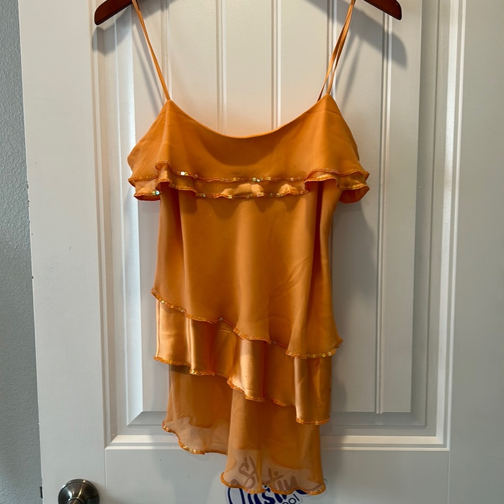 Bebe Y2K Orange Chiffon Sequin Ruffle Top